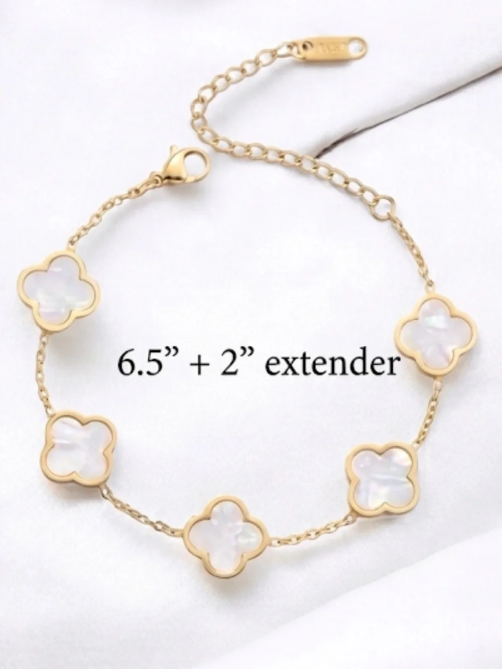 Mother of Pearl Clover Link Bracelet Gold Tone Adjustable Chain Delicate Jewelry